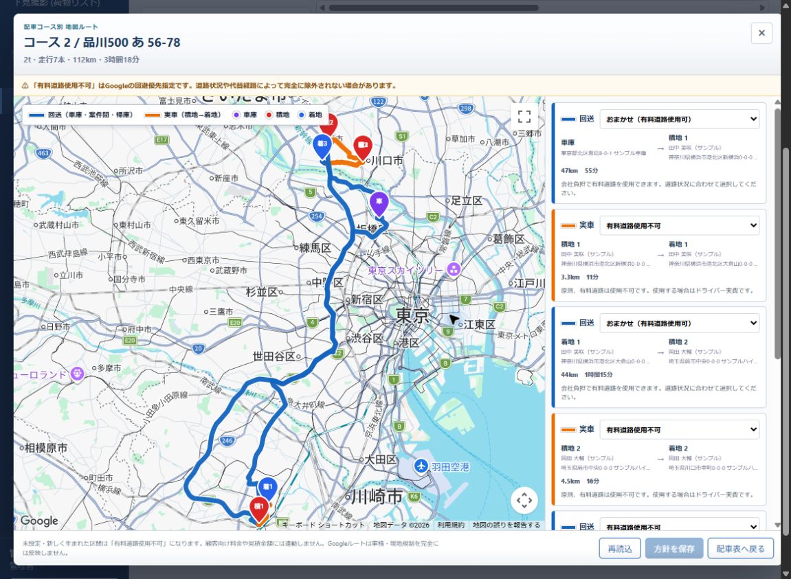 NexPort CRMのコース2のルート画面。Googleマップ上の車庫・積地・着地、青い回送経路とオレンジの実車経路、区間の距離・時間、有料道路方針を表示。架空のサンプル案件