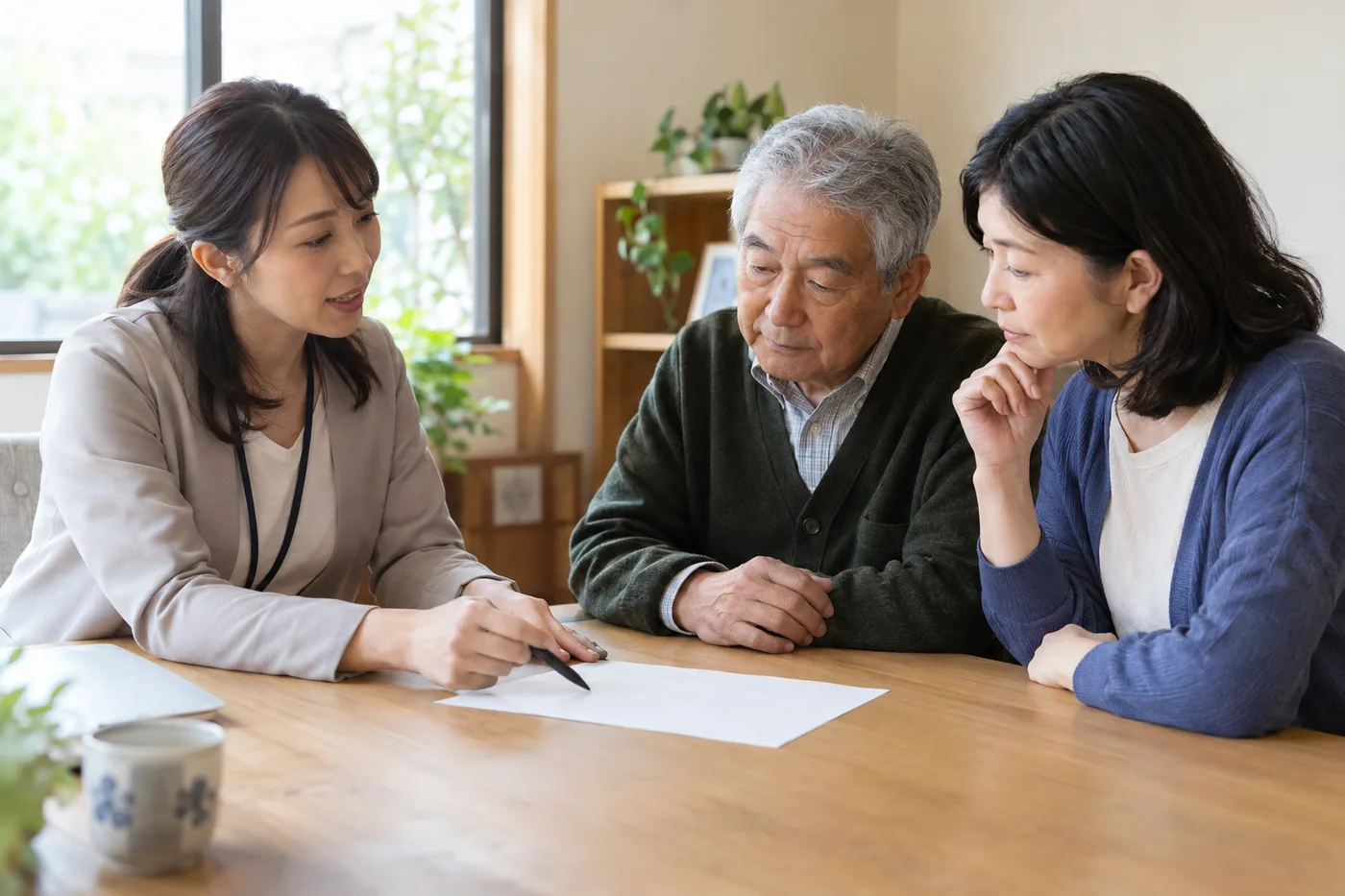 本人と家族が相談員と話すイメージ