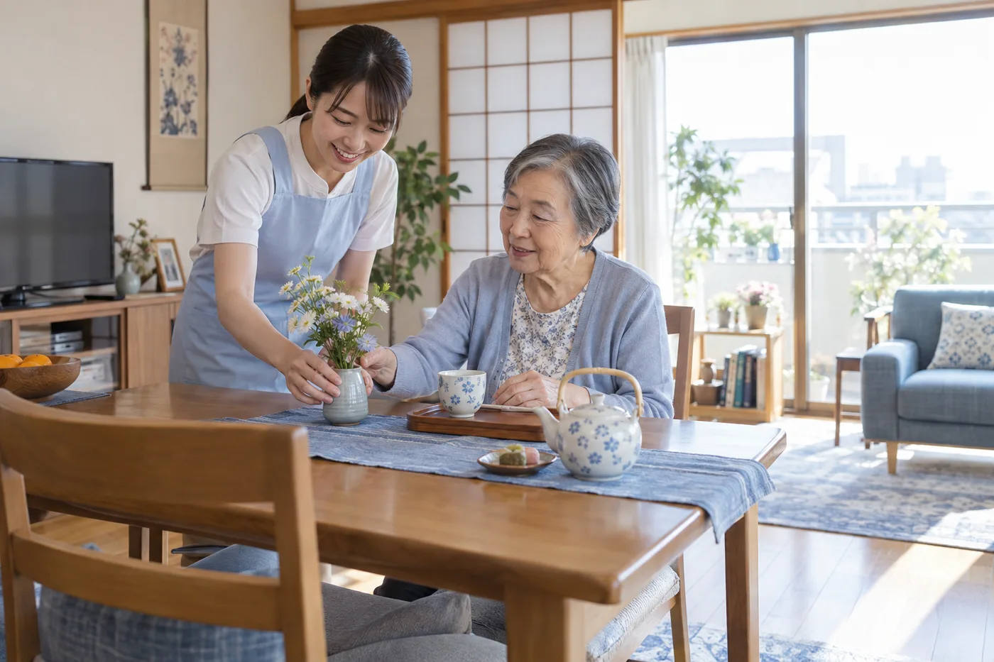 自宅でスタッフと一緒に花を飾るイメージ