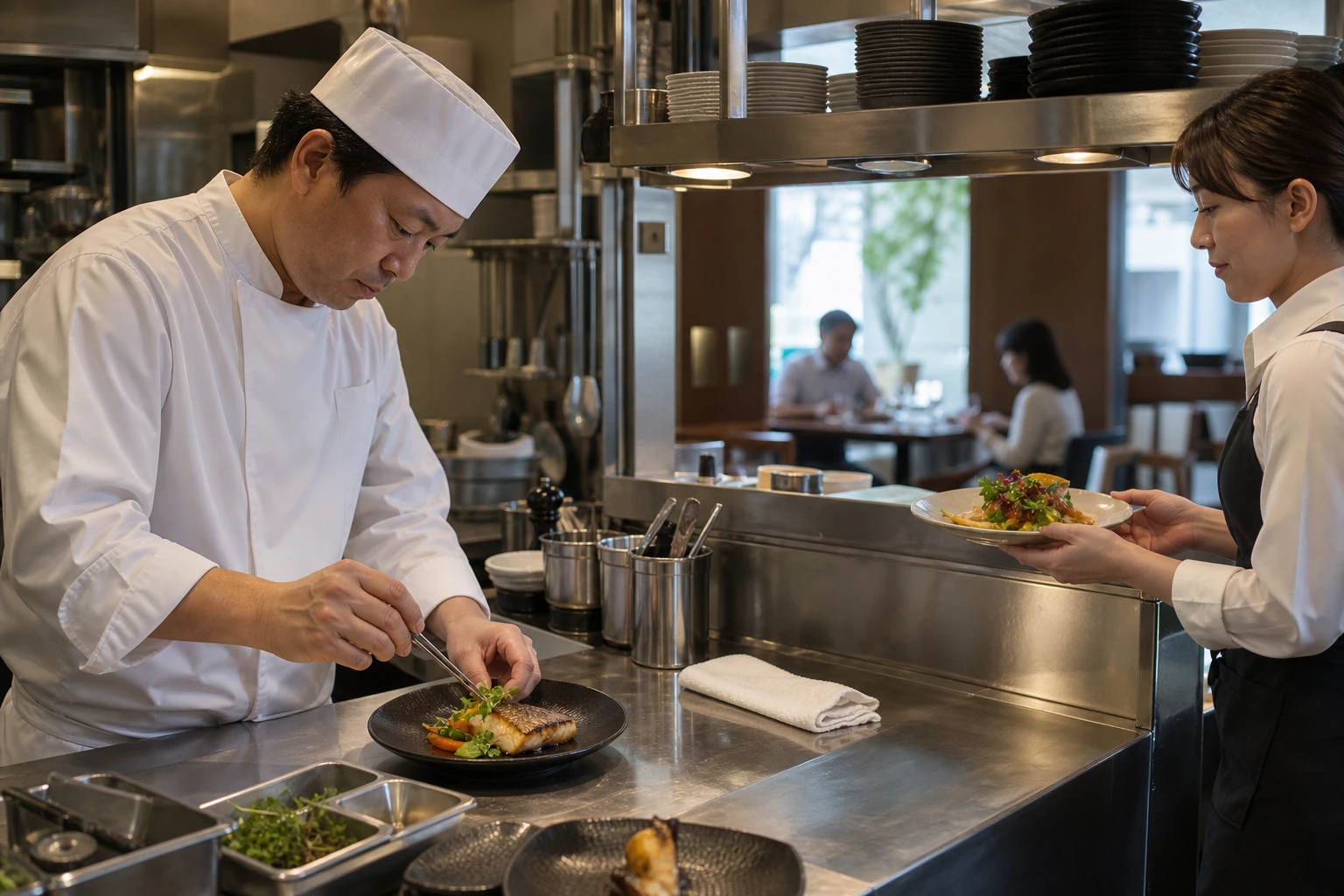 厨房で料理の仕上げと提供を行うスタッフのイメージ