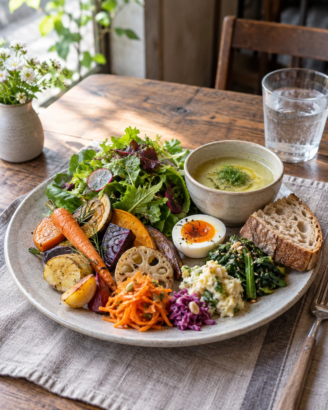 季節野菜のデリとパンとスープを盛り付けたプレートのイメージ