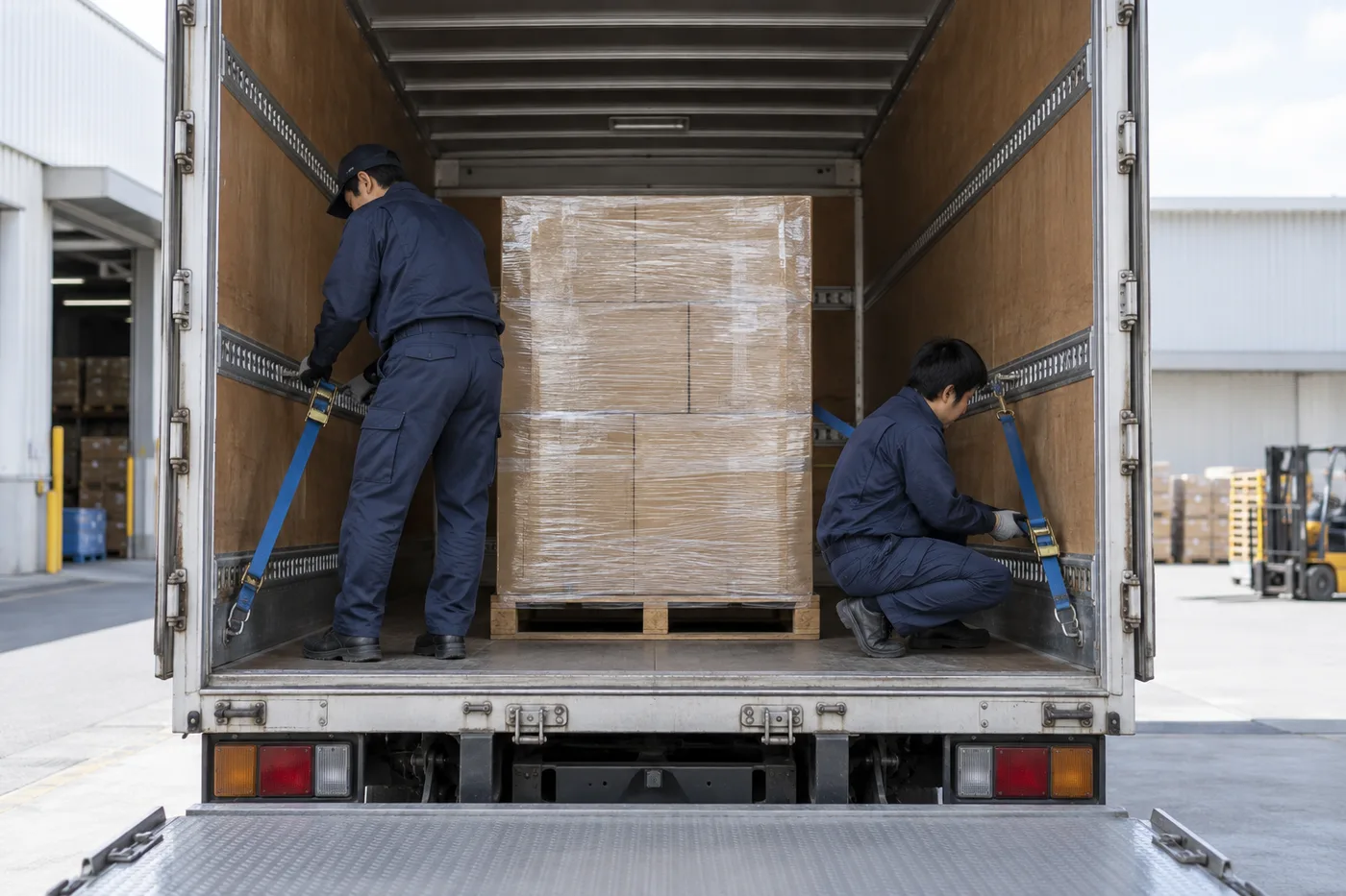 荷台内で貨物を固定する作業のイメージ