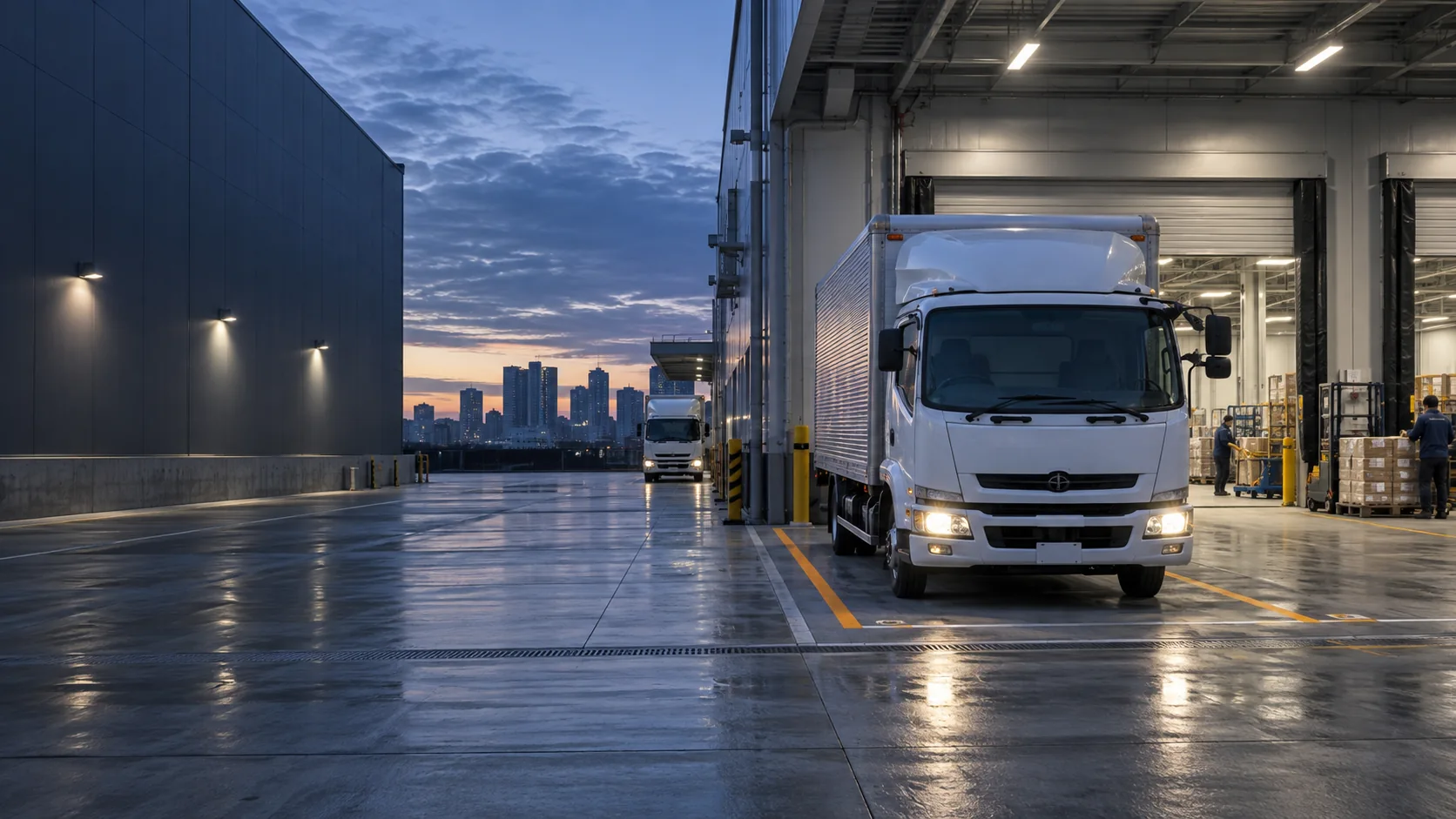 配送拠点でトラックが荷役場所に停車しているイメージ