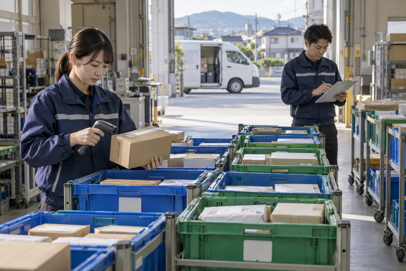 配送拠点で荷物を仕分けるイメージ