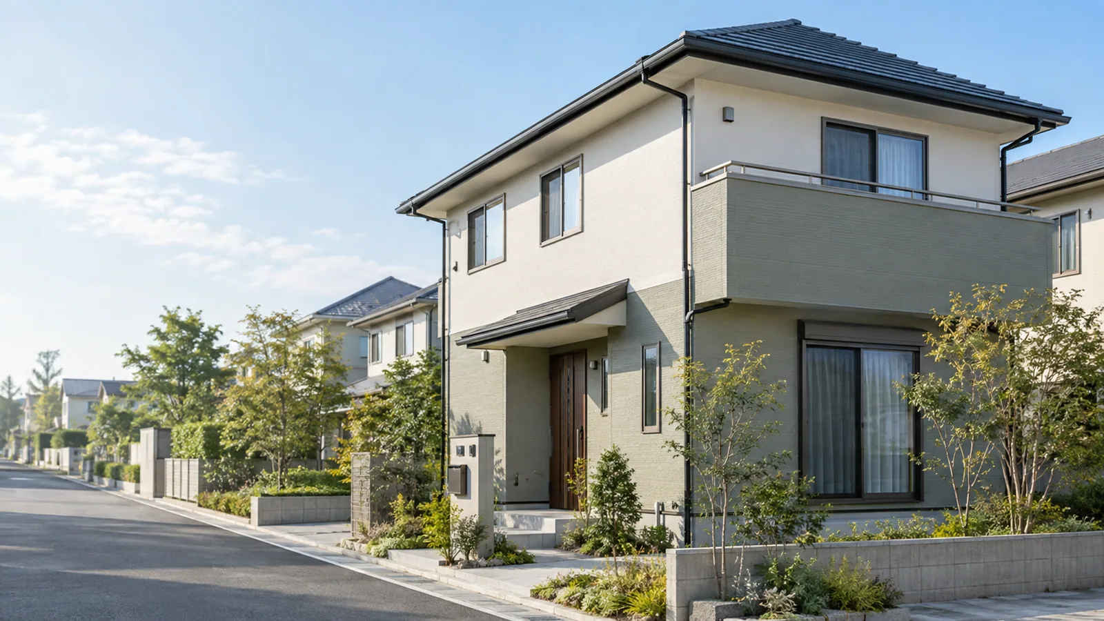 明るい住宅街に建つ、外壁を整えた戸建て住宅の制作見本用イメージ
